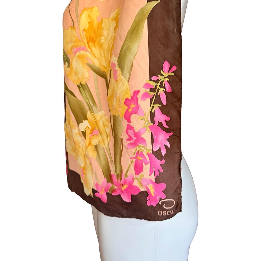 Vintage Oscar De La Renta Silk Scarf 11x51 Orchid Floral Pink Brown 1990s - Picture 6 of 8